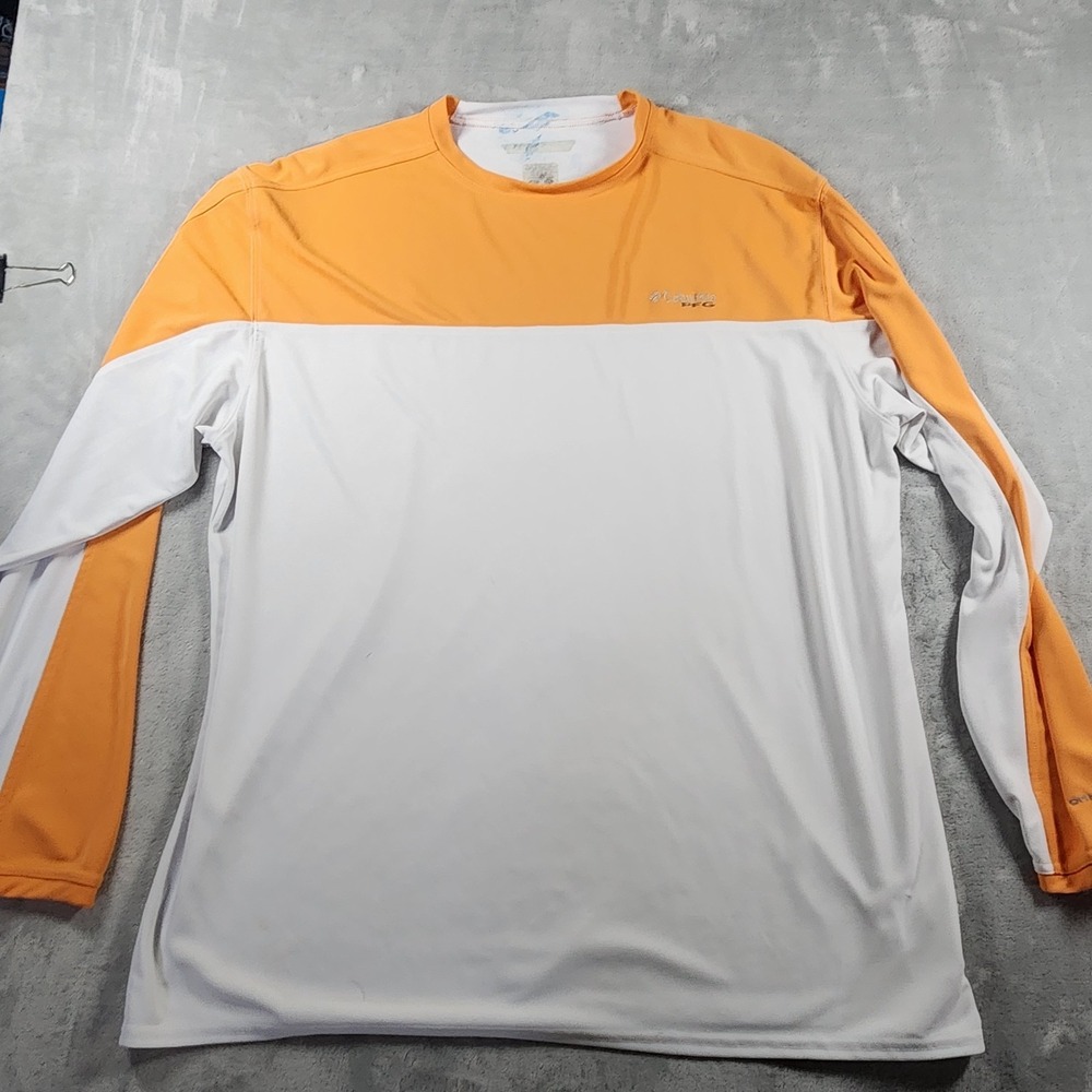 Columbia PFG Orange & White Long‎ Sleeve Fishing 100% Polyester Shirt Size XL